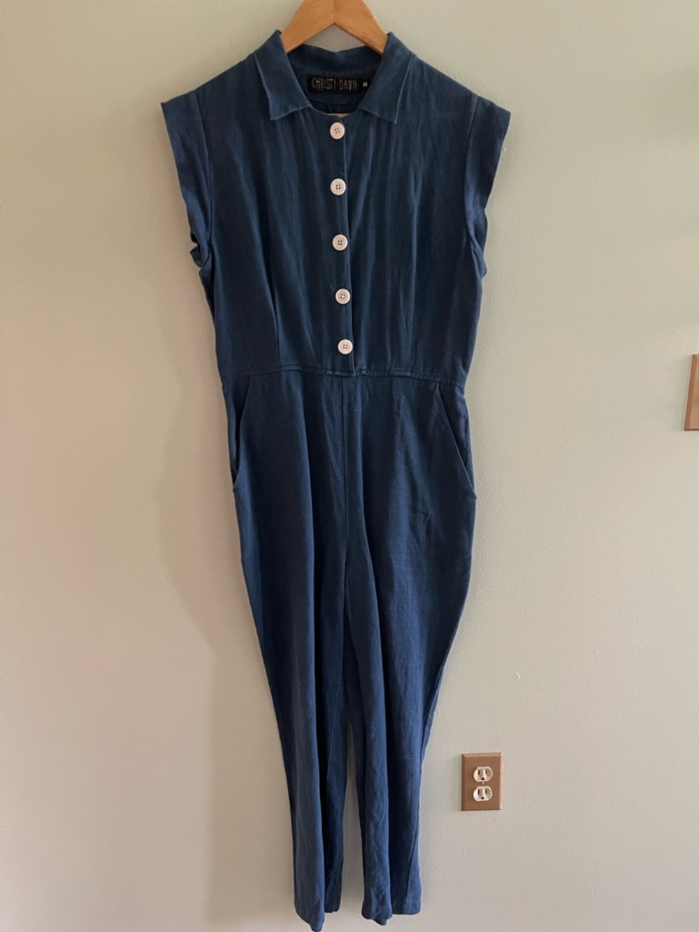 Christy Dawn Blue Linen Phoebe Jumpsuit Pockets Size M